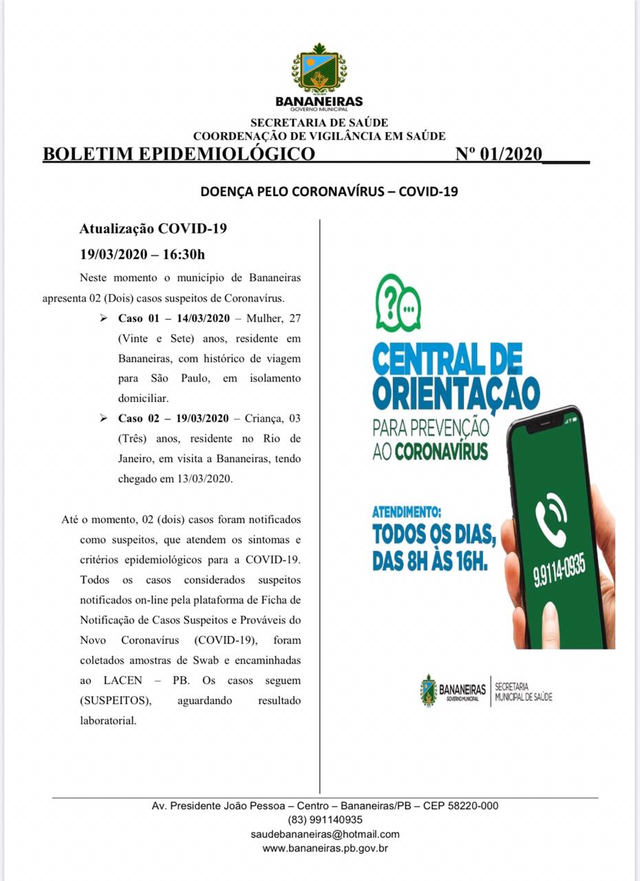 Secretaria Municipal de Saúde de Bananeiras emite primeiro Boletim Epidemiológico sobre o Covid-19