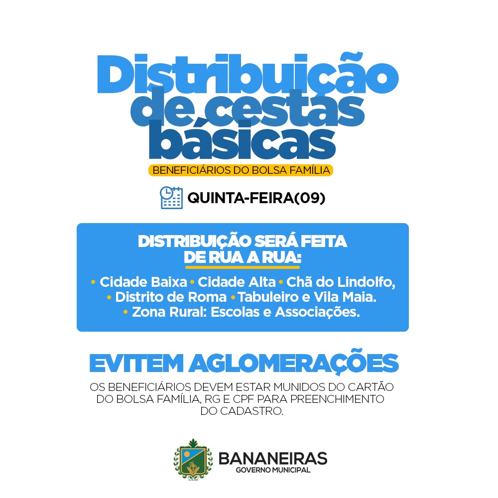 Prefeitura Municipal de Bananeiras vai distribuir cestas básicas para beneficiários do Bolsa Família