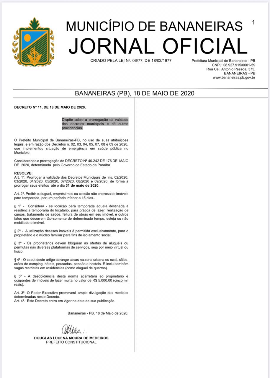 Prefeitura Municipal de Bananeiras lança novo decreto estendendo o período de isolamento social até 31 de maio