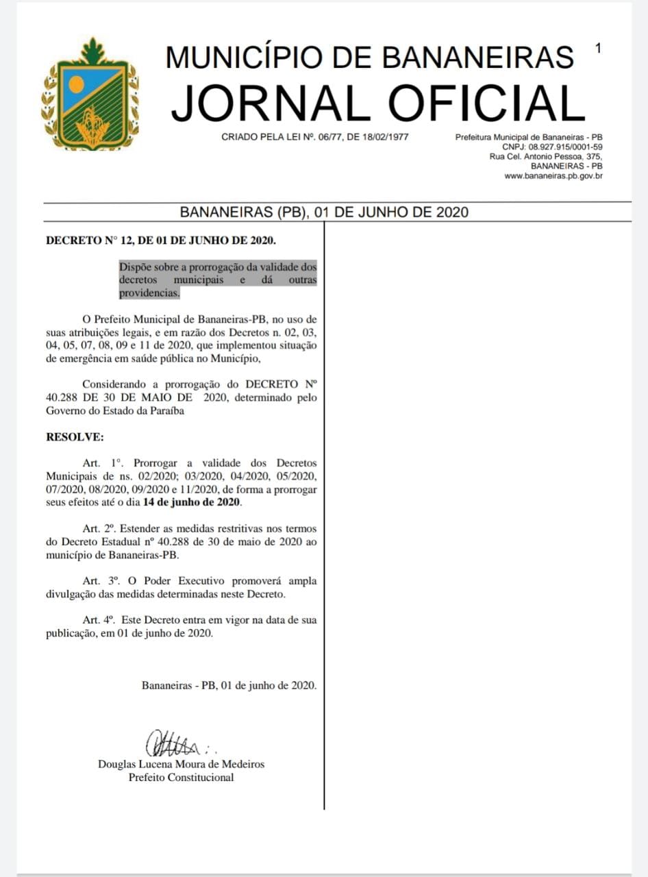 Prefeito Douglas Lucena prorroga decretos municipais até o dia 14 de junho