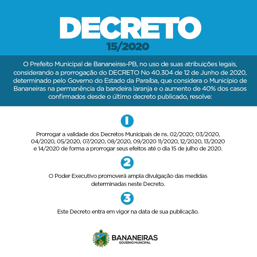 Decreto 15/2020 é publicado pelo Prefeito Municipal de Bananeiras