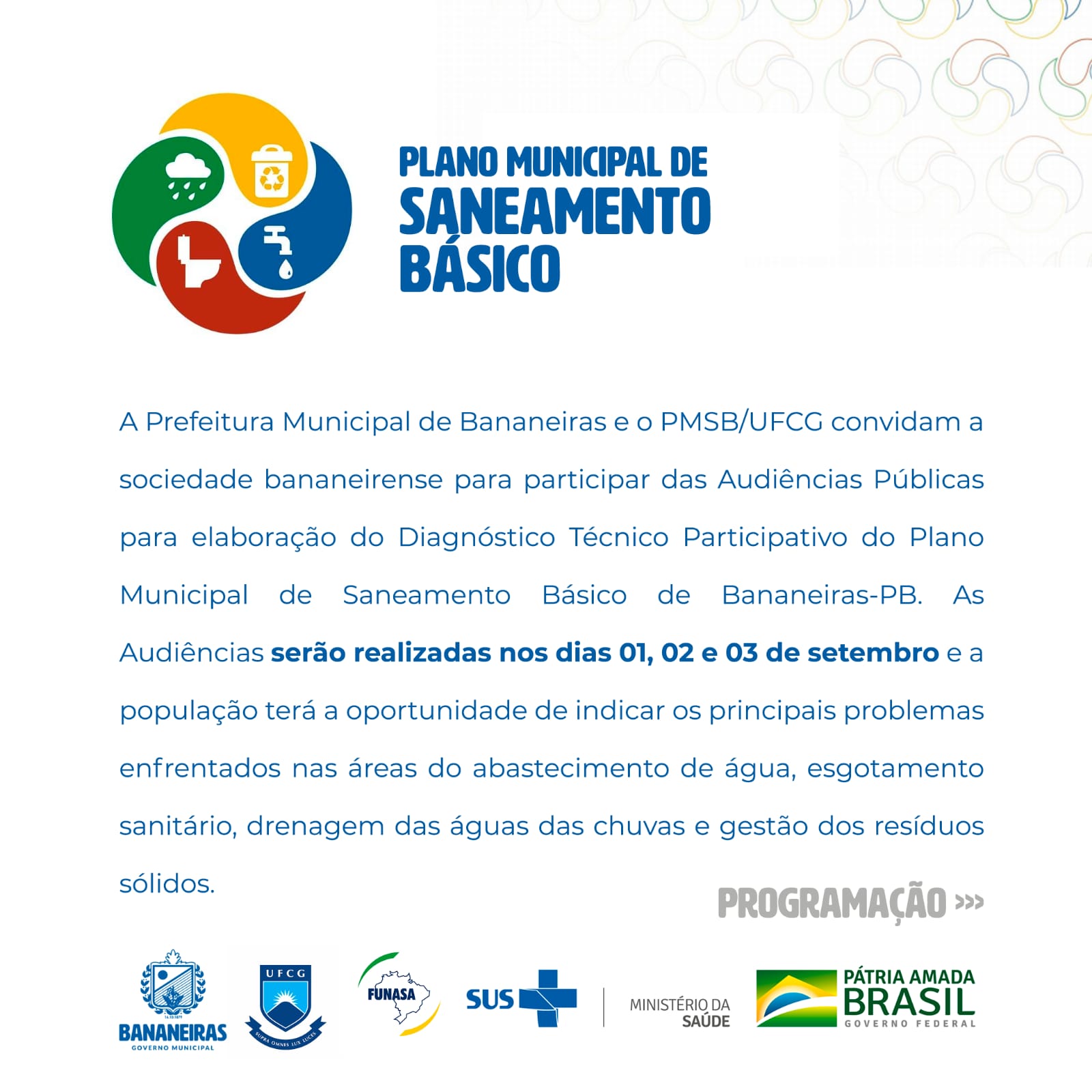 Município de Bananeiras receberá a equipe técnica do PMSB/UFCG para realização das audiências públicas sobre a elaboração do Plano Municipal de Saneamento Básico