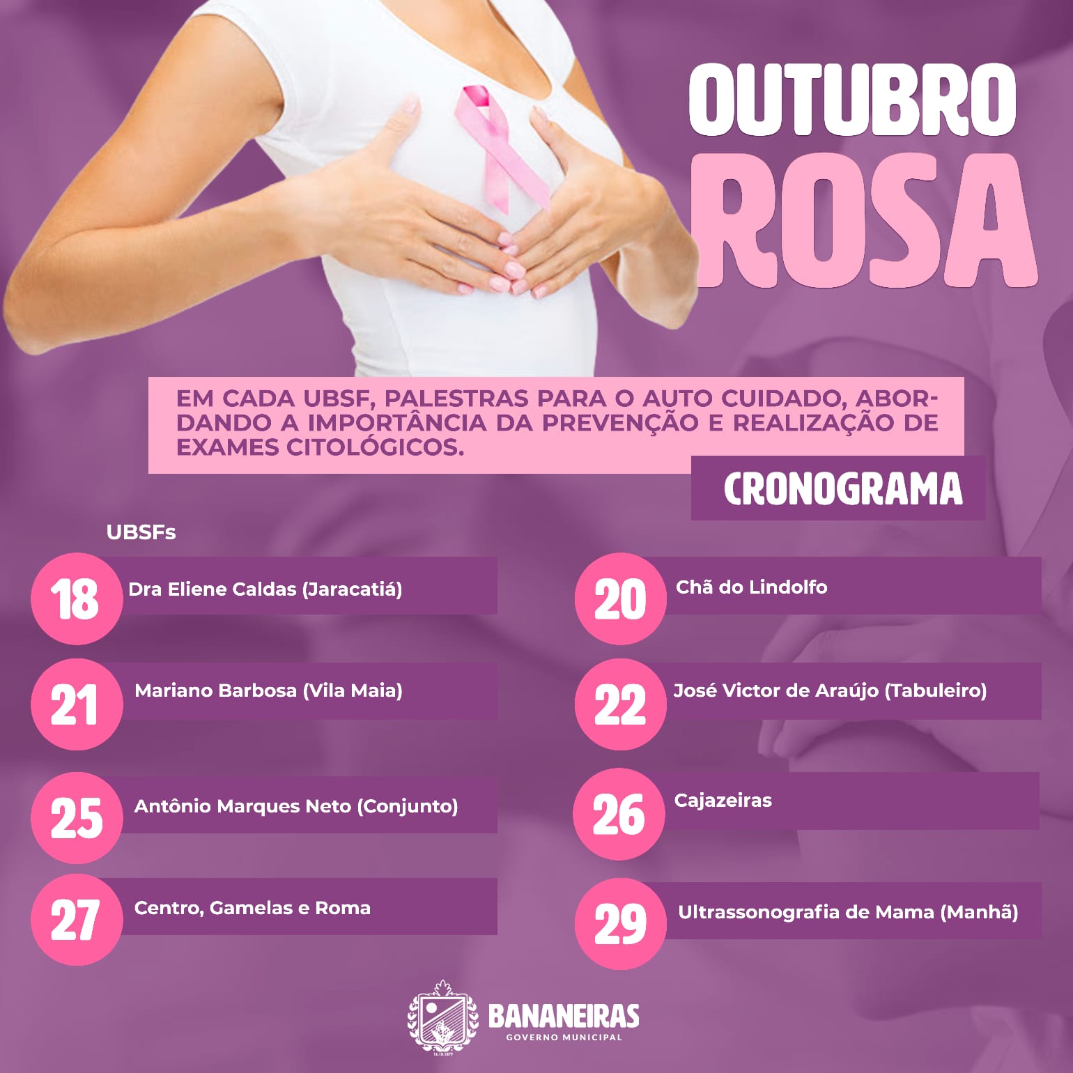 Iniciada a programação das palestras em alusão ao Outubro Rosa nas unidades de saúde do município