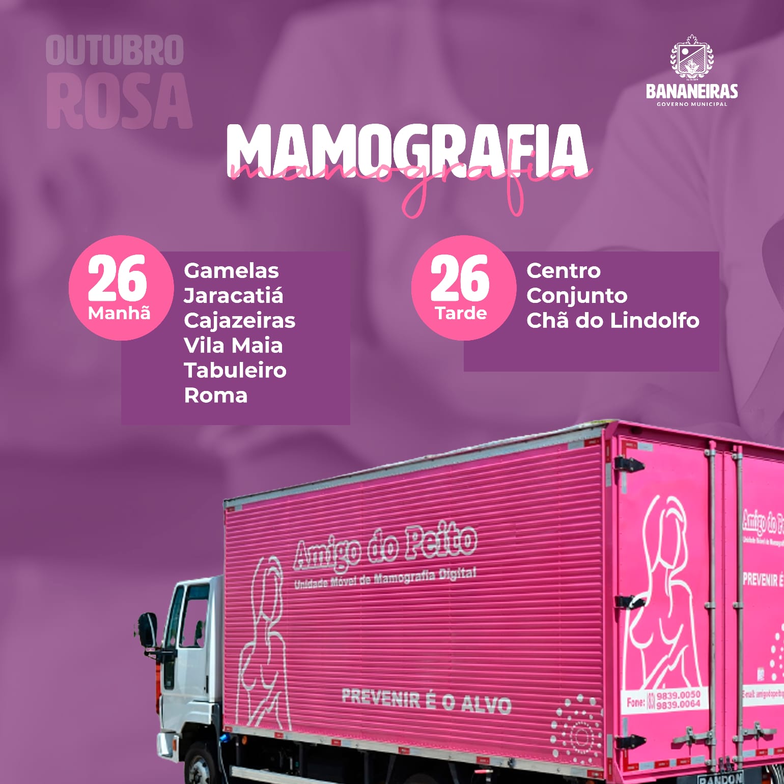 Caminhão da mamografia chegará a Bananeiras em ações do Outubro Rosa